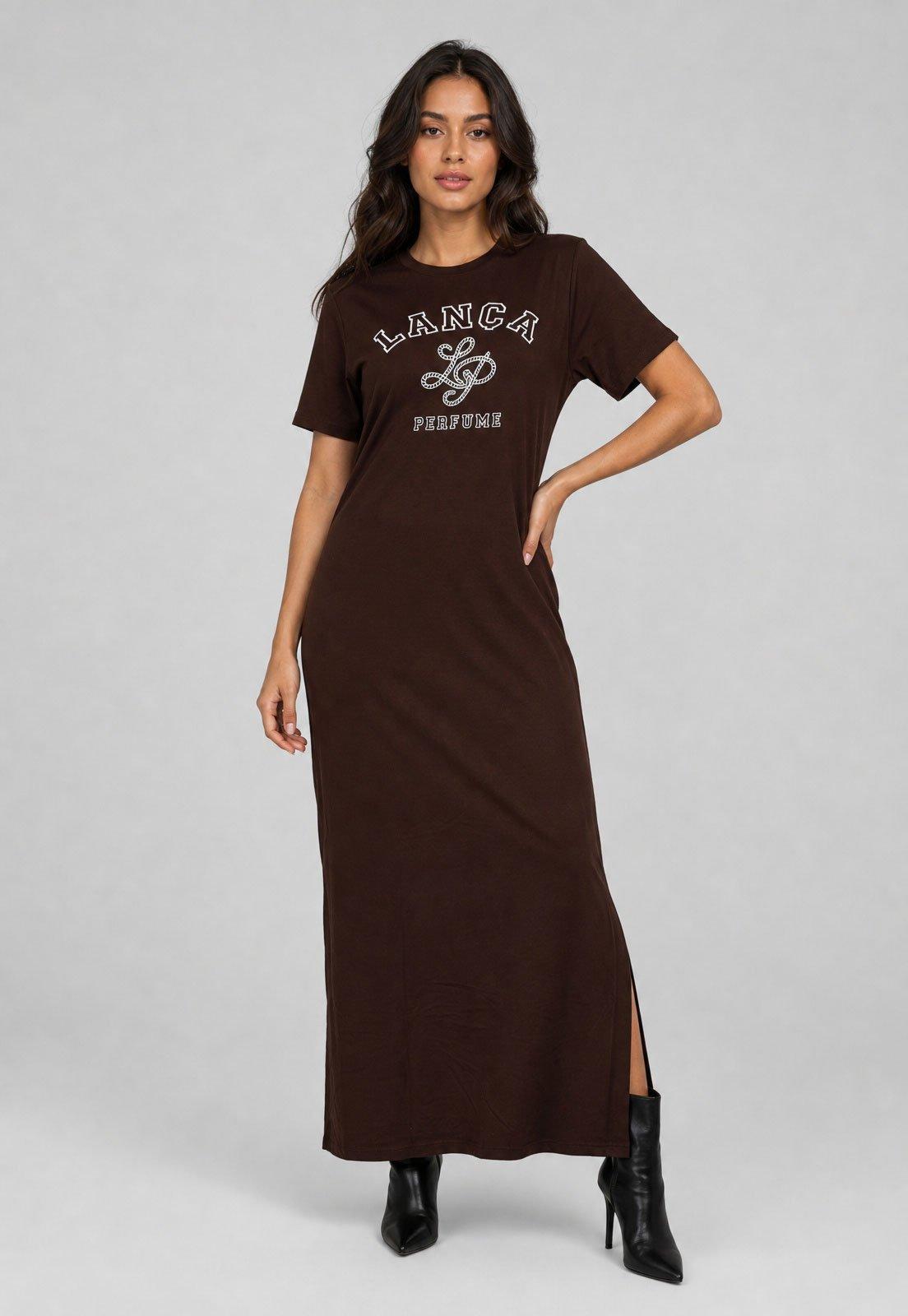 Vestido Feminino Lança Perfume Longo Logo Marrom
