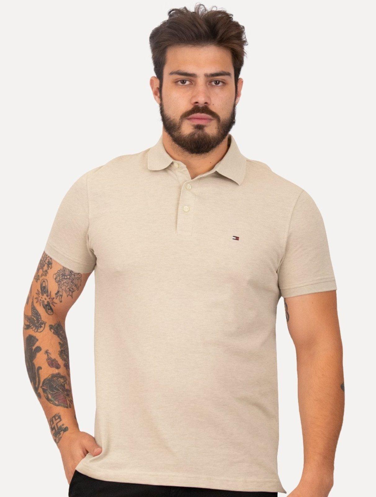 Polo Tommy Hilfiger Masculina Slim Piquet 1985 Areia Mescla