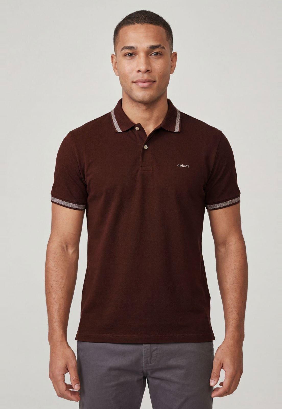 Polo Masculina Colcci Gola com Detalhe Marrom
