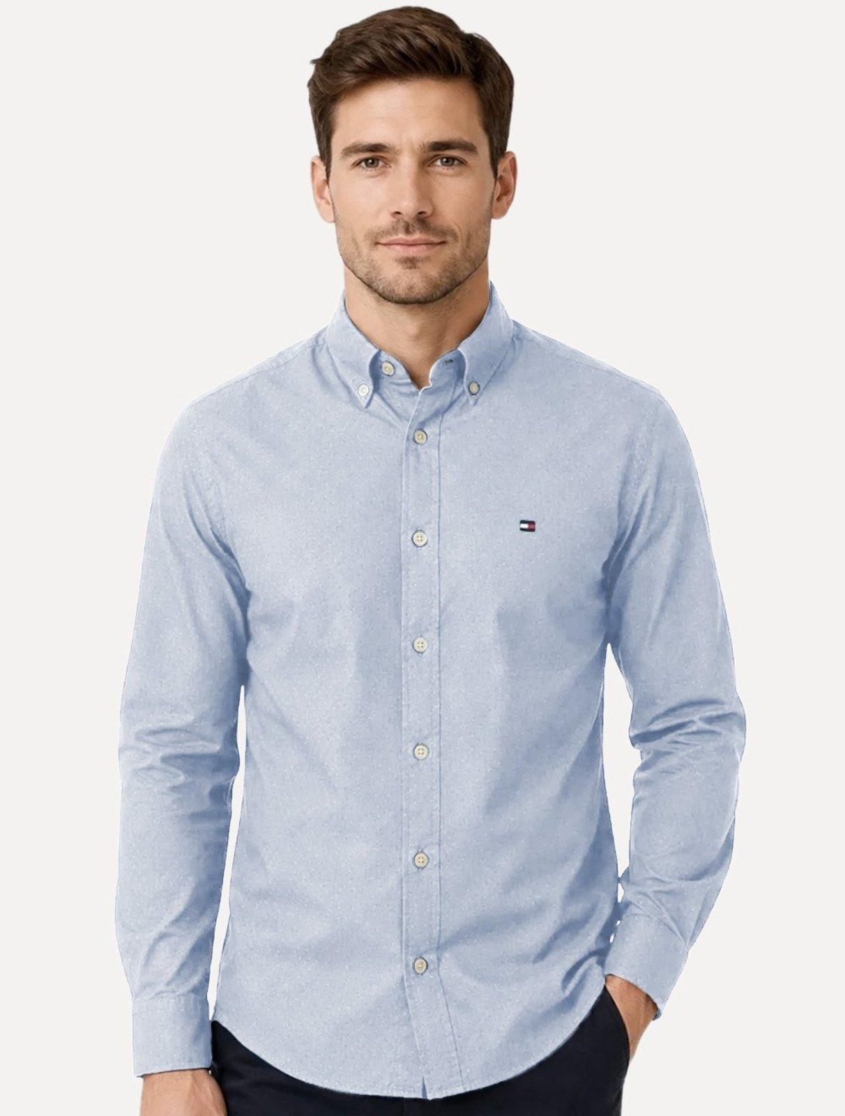 Camisa Tommy Hilfiger Masculina Slim Flex Pop Small Dobby Azul Claro