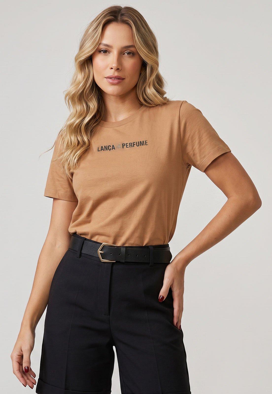 Camiseta Feminina Lança Perfume Decote Redondo Bege