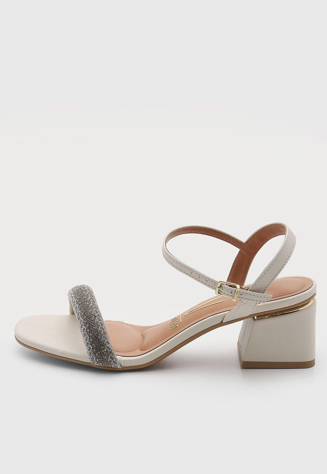 Sandália Feminina Vizzano Salto Médio Tiras Brilhantes Off-White