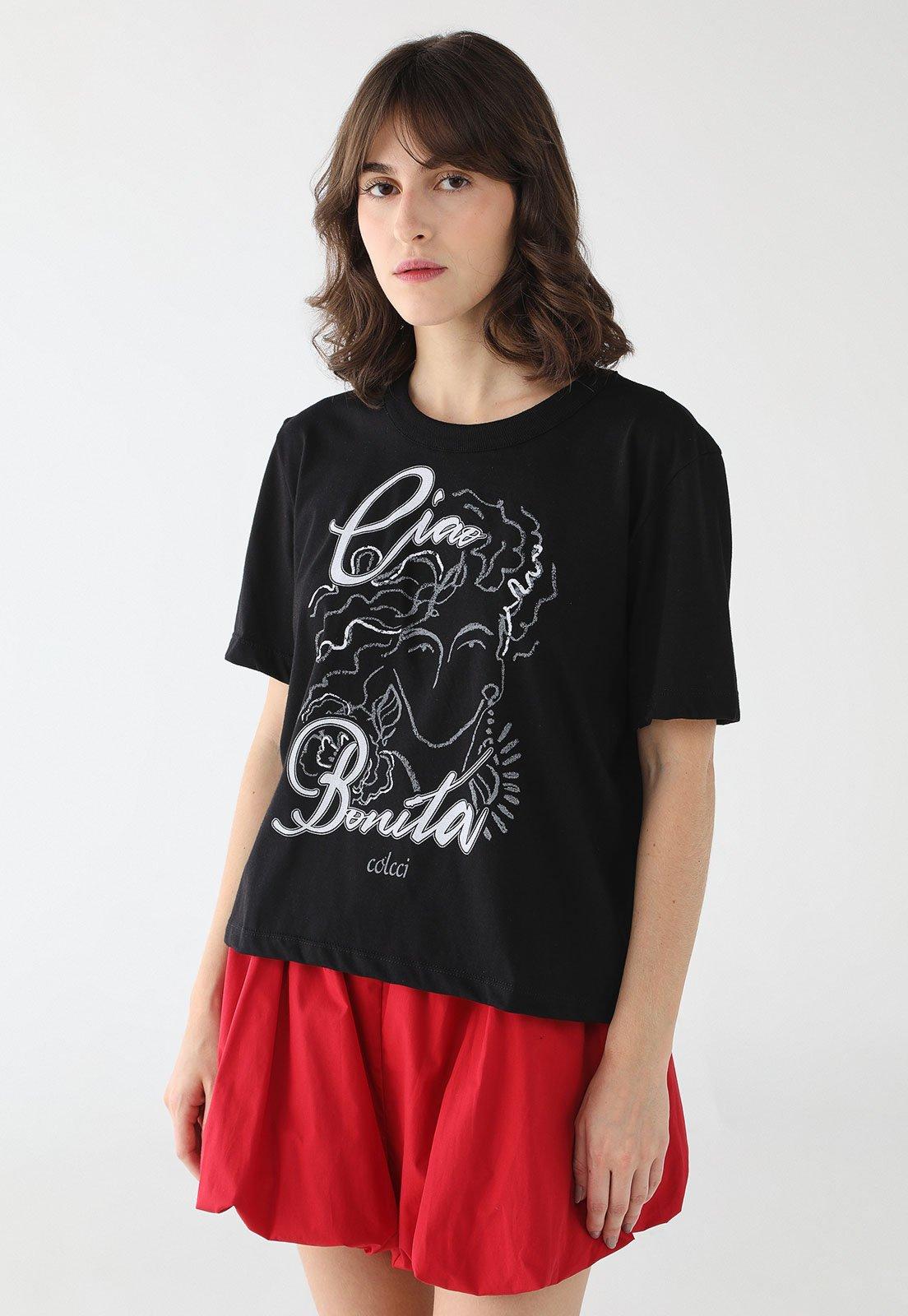 Camiseta Feminina Colcci Estampa Ciao Bonita Preta