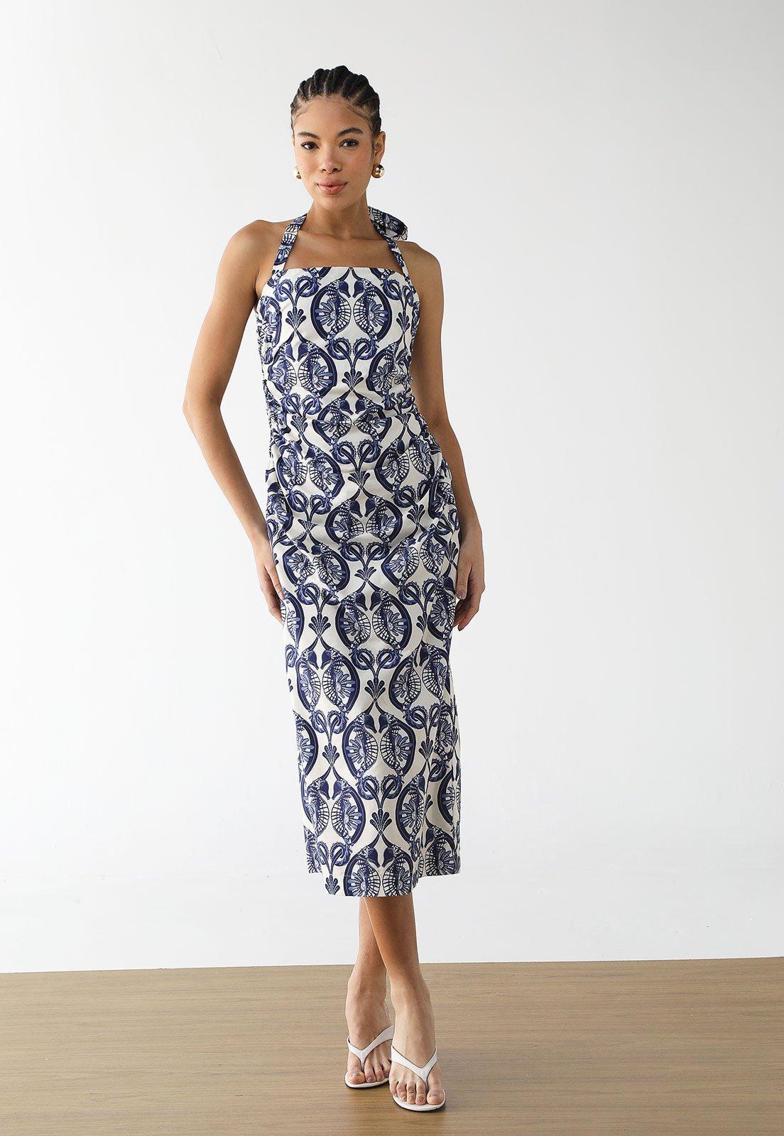 Vestido Feminino FARM Midi Estampa Botânica Branco