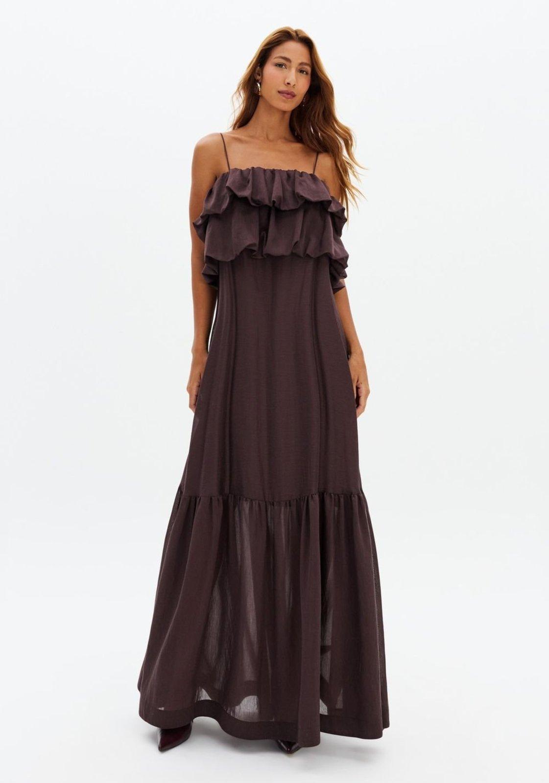 Vestido Longo De Alças Com Babados Lança Perfume