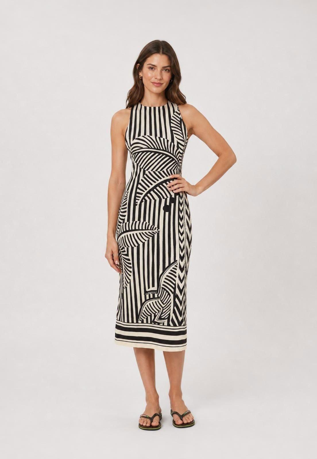 Vestido Feminino FARM Estampado Midi Preto