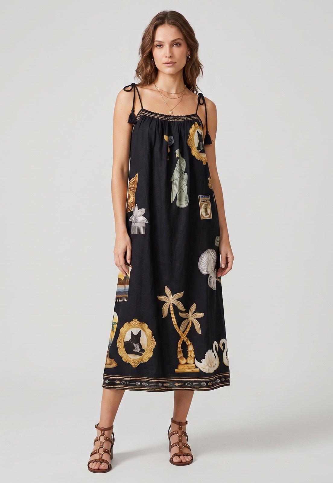 Vestido Feminino FARM Midi Alças Ajustáveis Estampa Preto