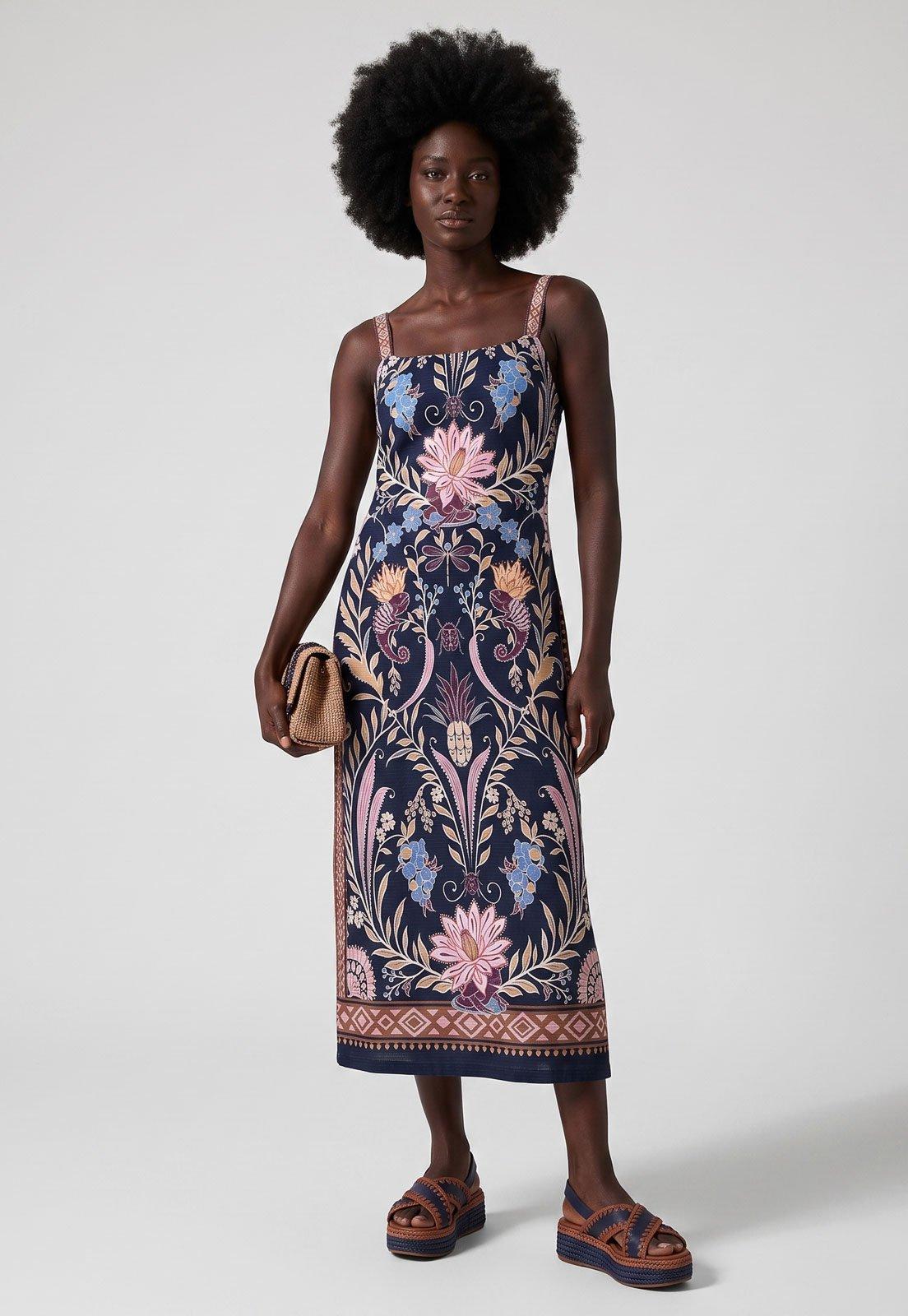 Vestido FARM Alças Finas Midi Azul