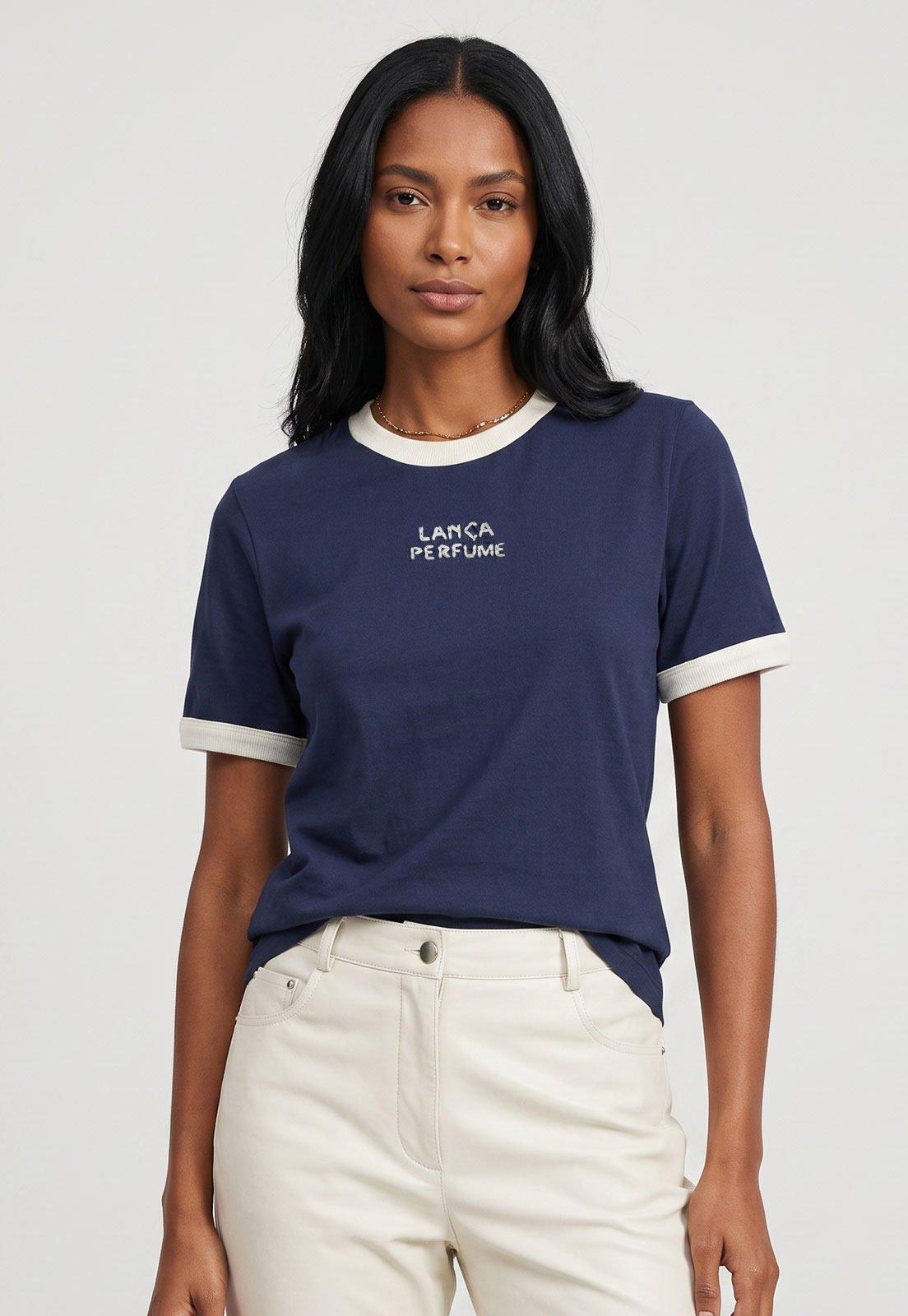 Camiseta Feminina Lança Perfume Bordado Azul Marinho