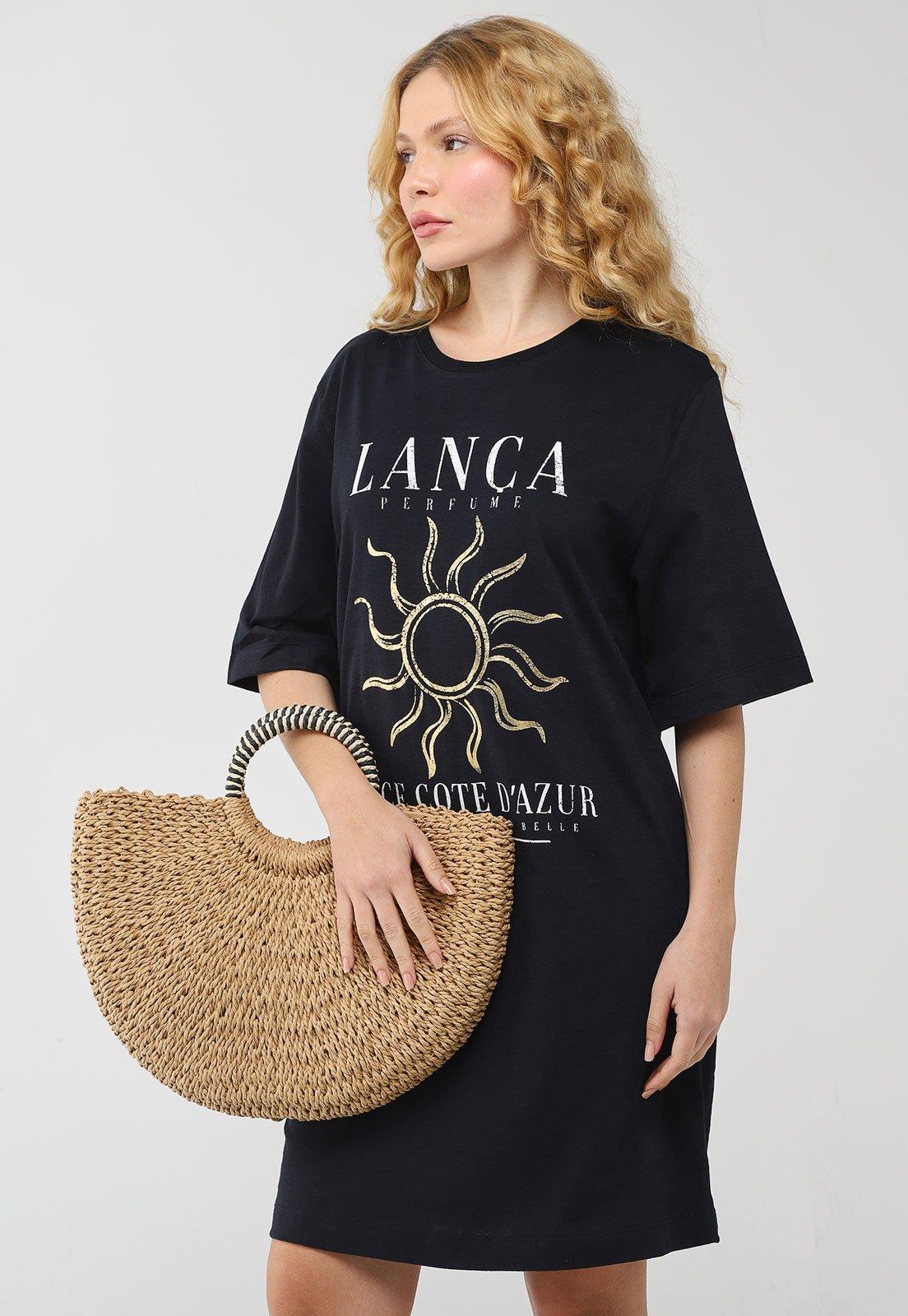 Vestido Feminino Lança Perfume T-Dress Estampa Dourada Preto