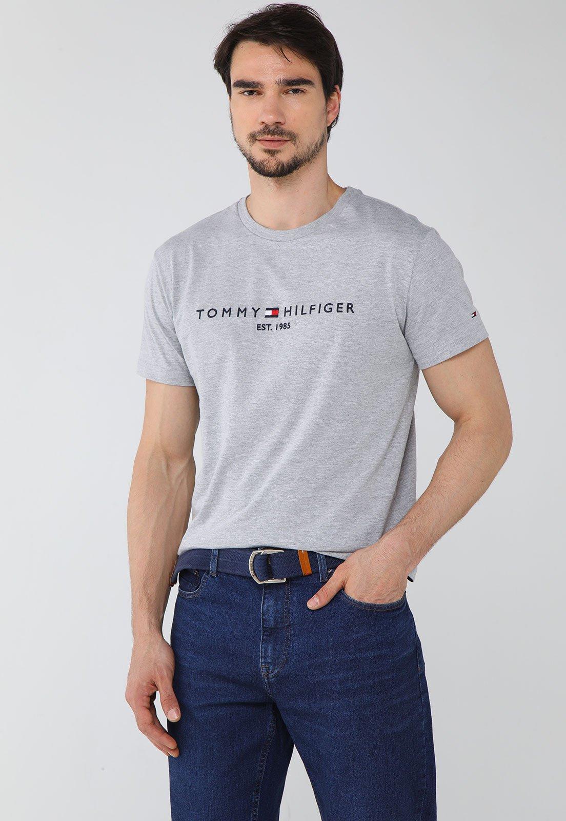 Camiseta Masculina Tommy Hilfiger Logo Estampada Cinza Mescla