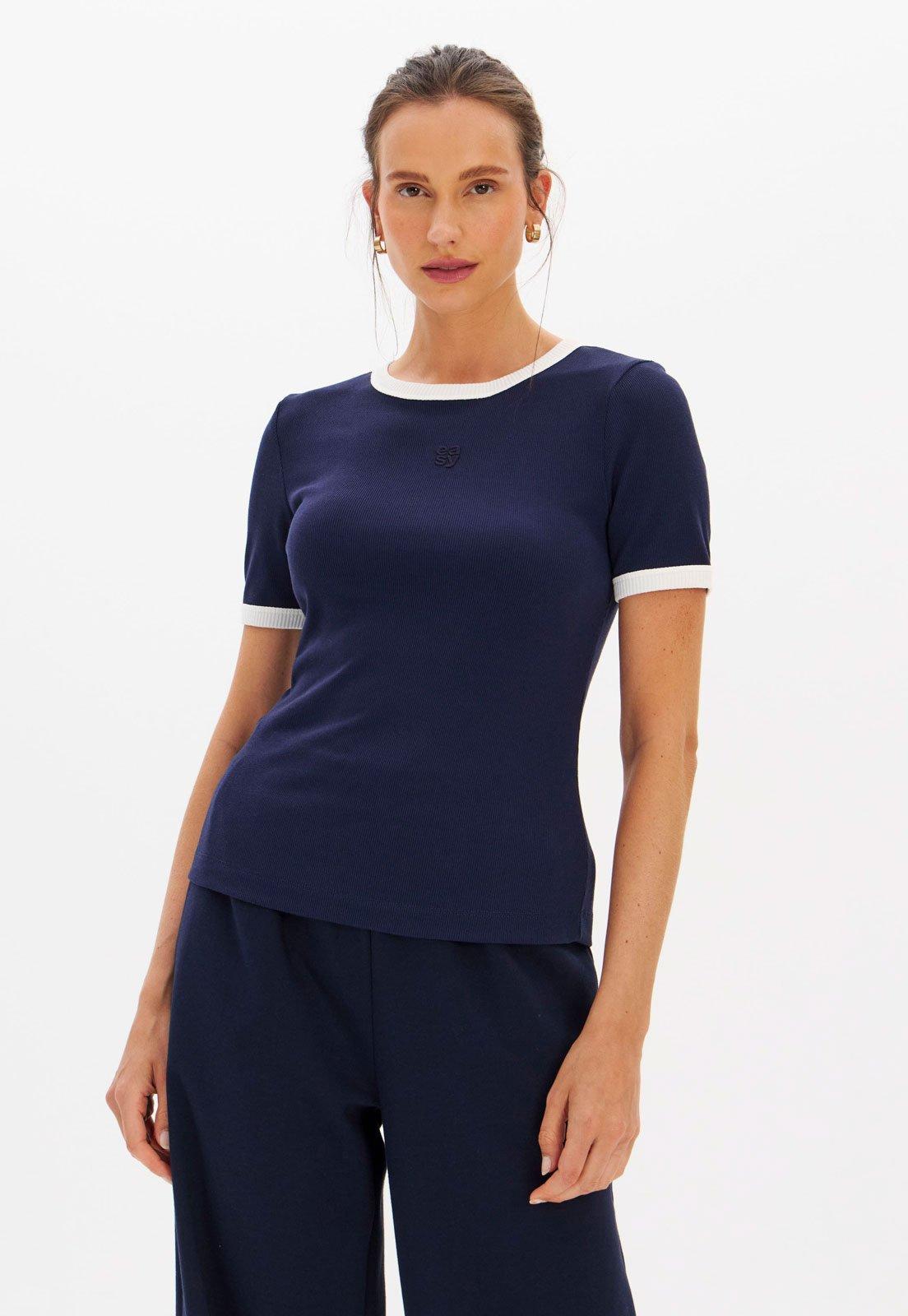 Blusa Feminina Lança Perfume Borda Contrastante Azul Marinho