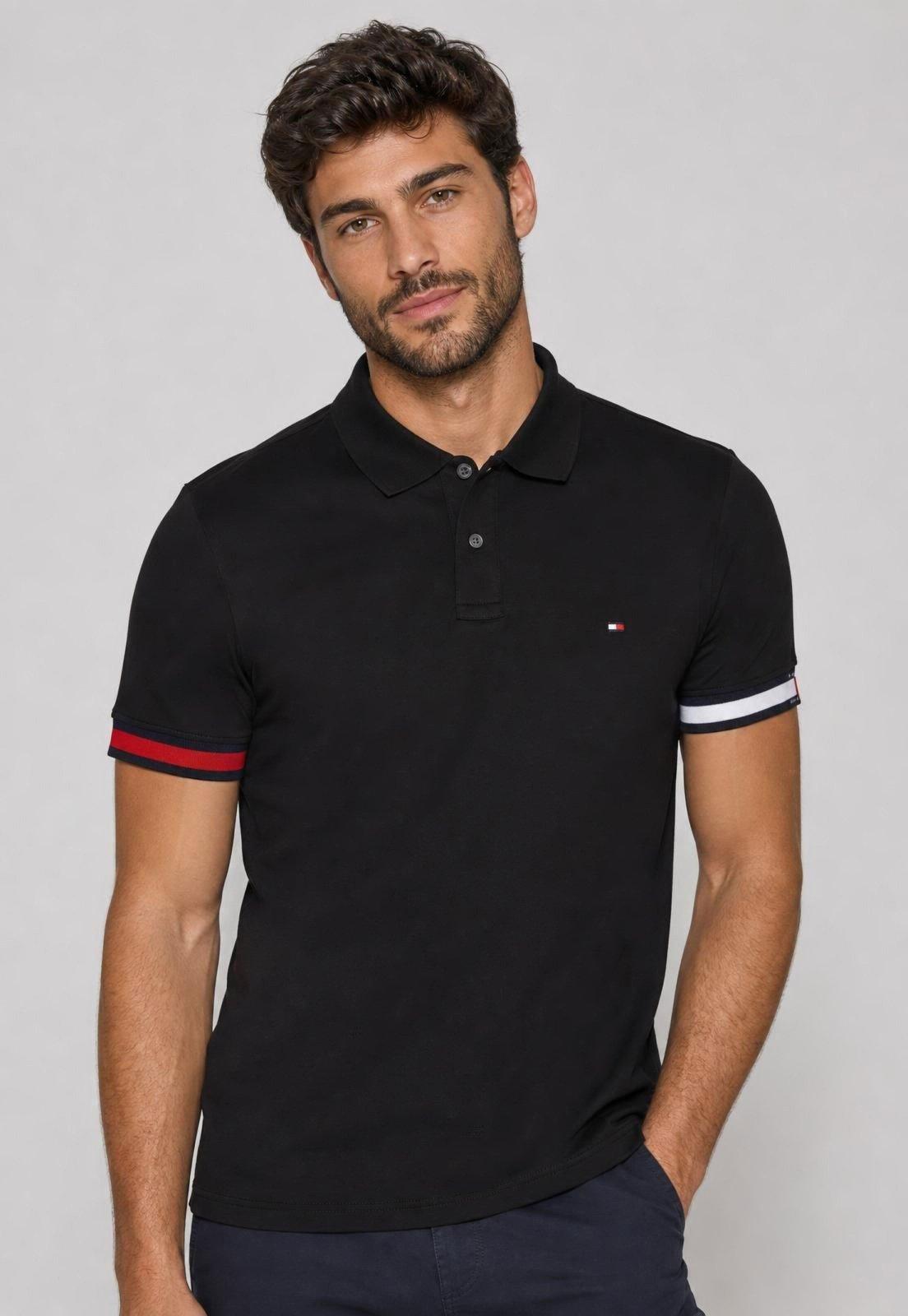 Polo Masculina Tommy Hilfiger Manga Curta Algodão Preta