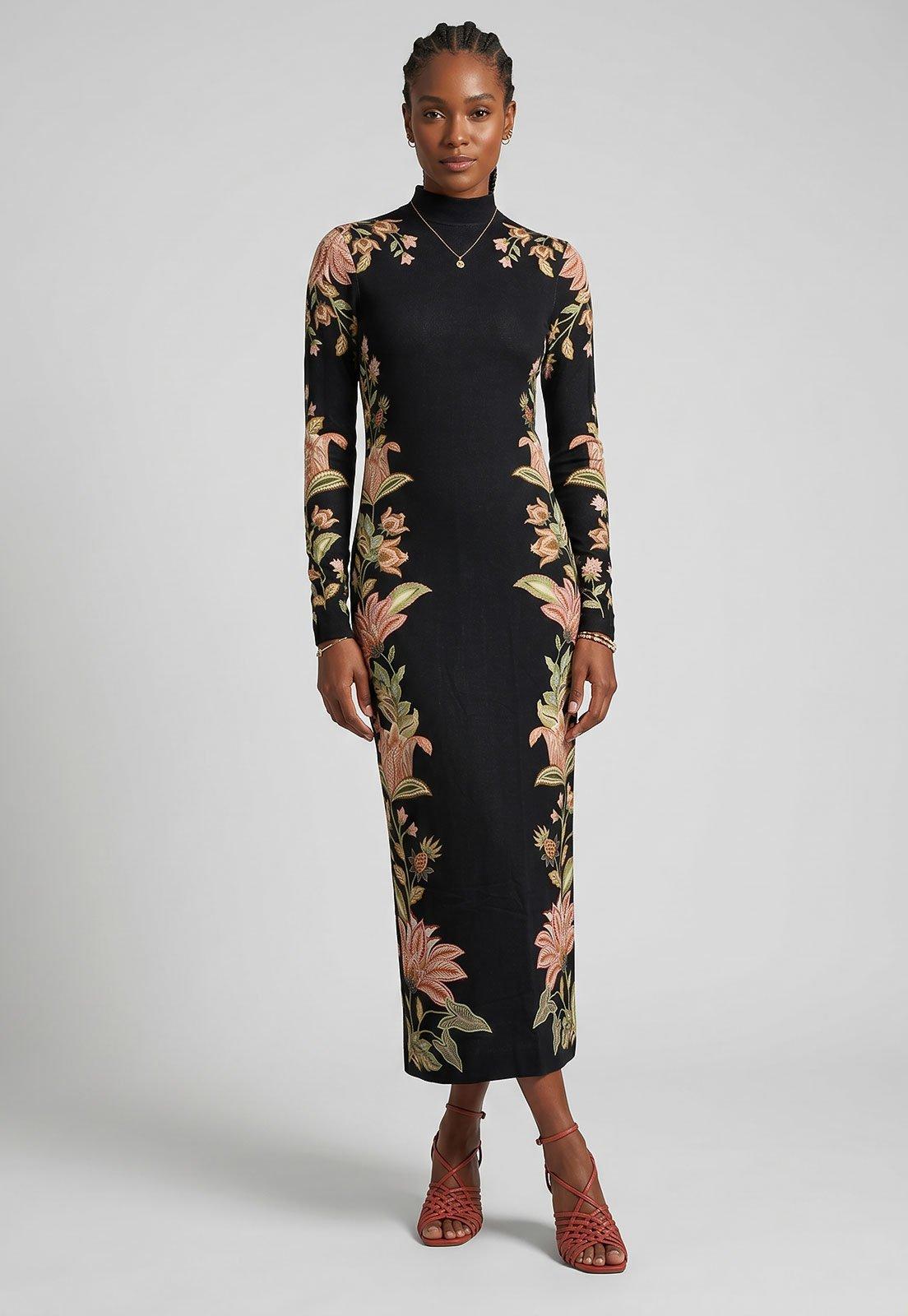 Vestido Feminino FARM Midi Manga Longa Preto
