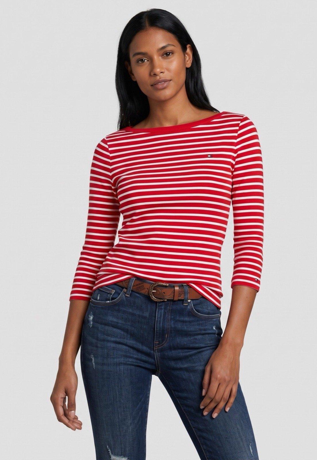 Camiseta Feminina Tommy Hilfiger Listrada Decote Redondo Vermelha