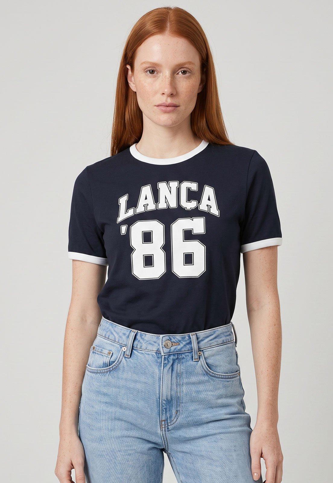 Camiseta Feminina Lança Perfume Estampa Frontal Azul Marinho