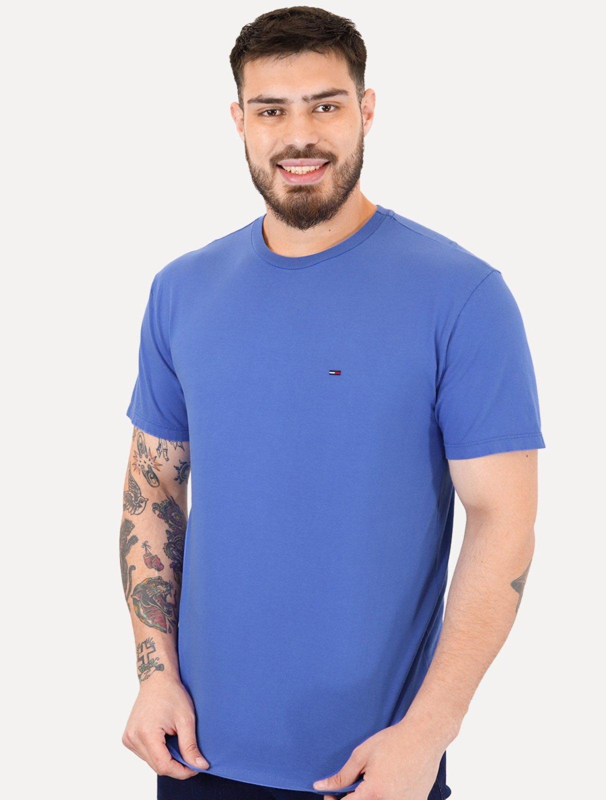 Camiseta Tommy Jeans Masculina Regular Jersey C-Neck Flag Azul Médio