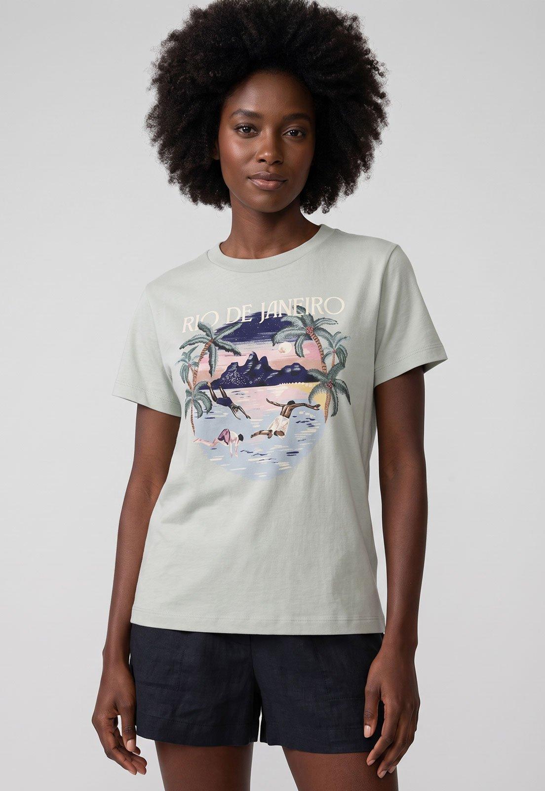 Camiseta Feminina FARM Estampa Paisagem Carioca Cinza