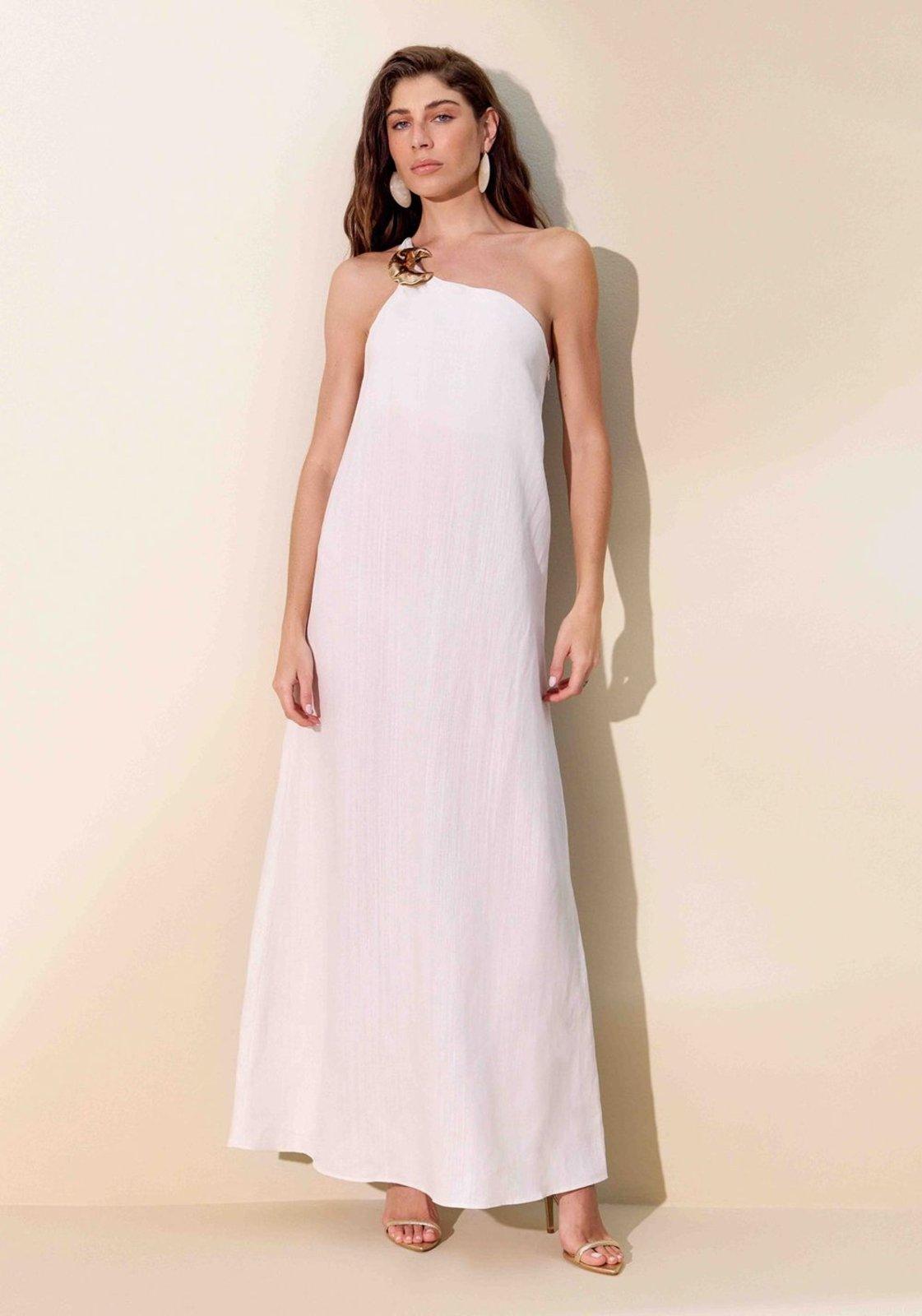 Vestido Super Midi Ombro Único Com Linho Lança Perfume