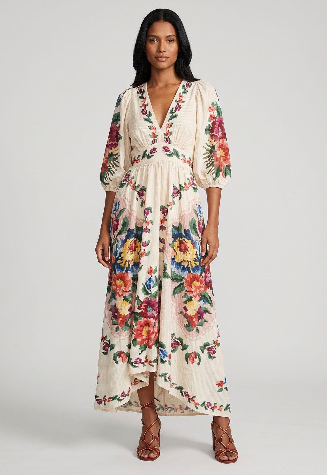 Vestido Feminino FARM Floral Longo Bege