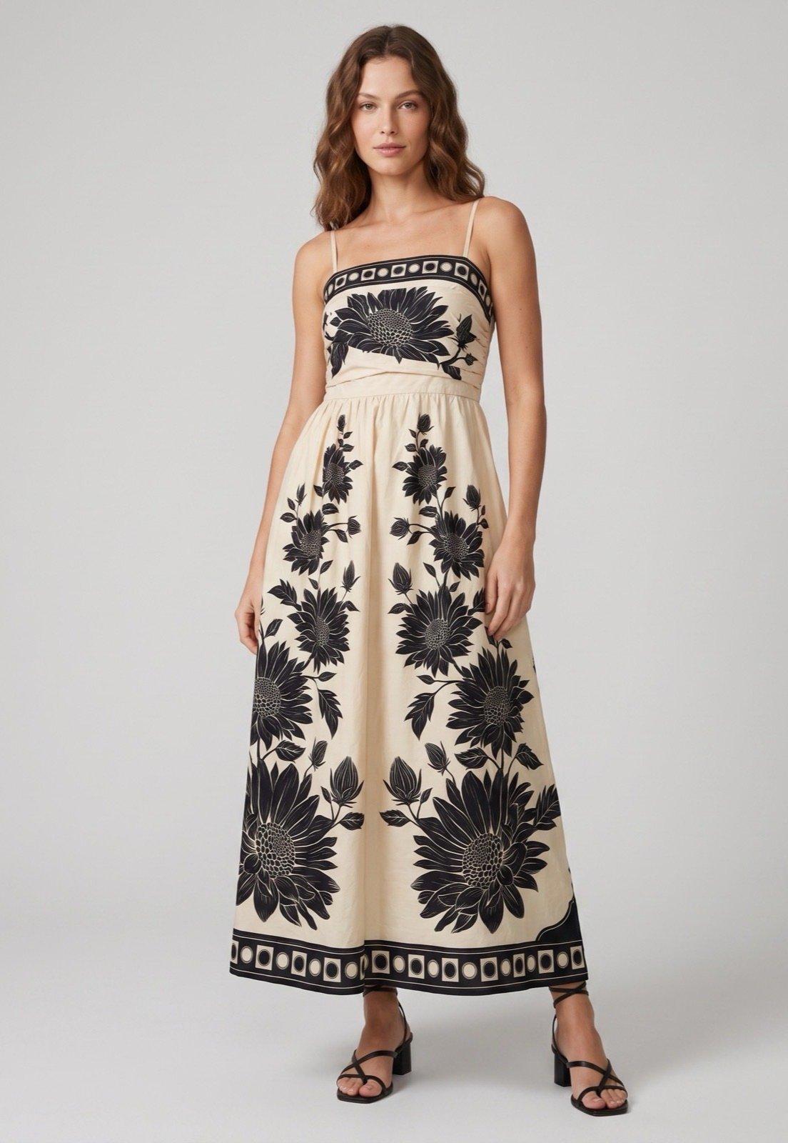 Vestido Feminino FARM Longo Alças Finas Estampa Floral Bege