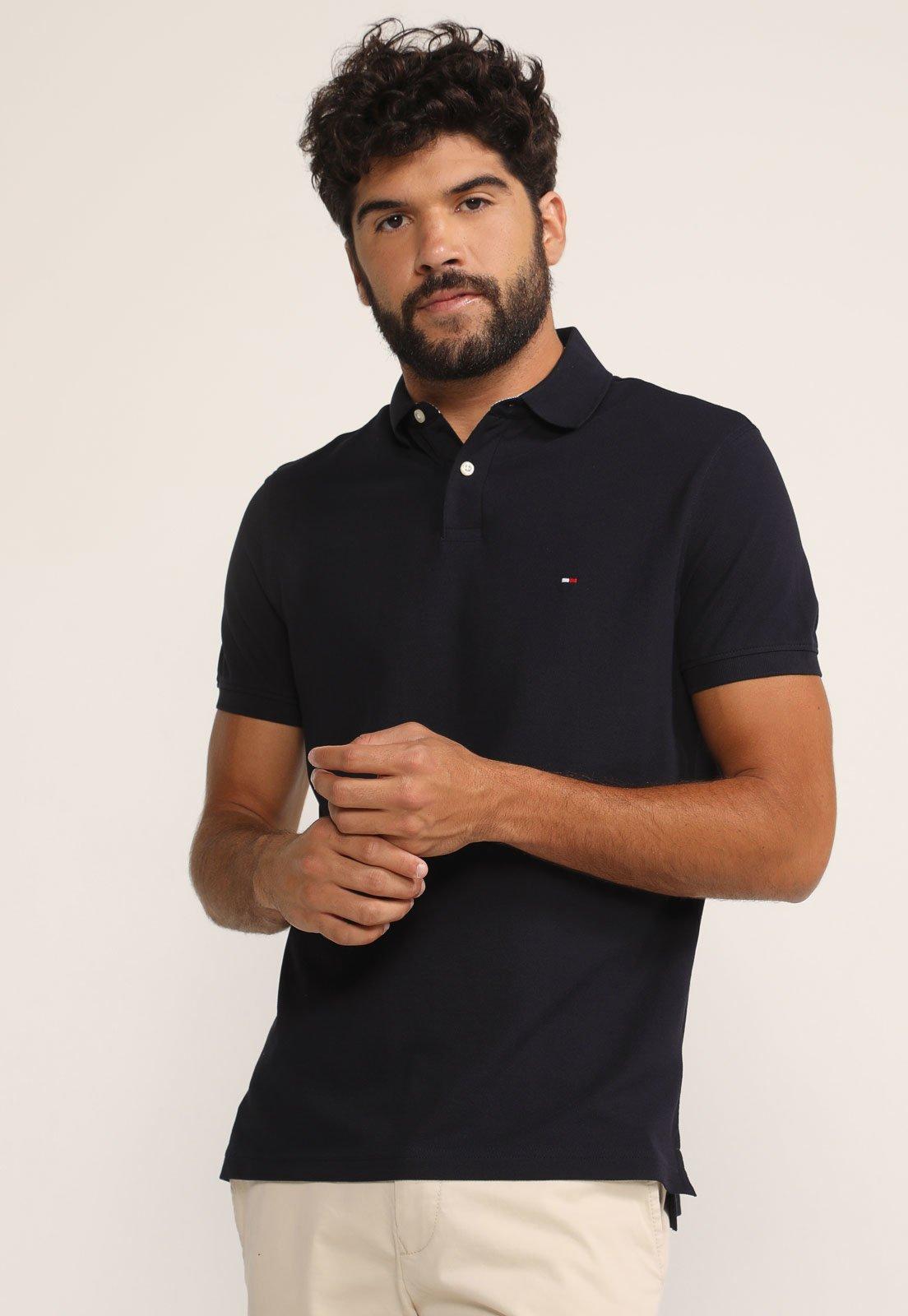 Camisa Polo Tommy Hilfiger Reta Logo Azul-Marinho