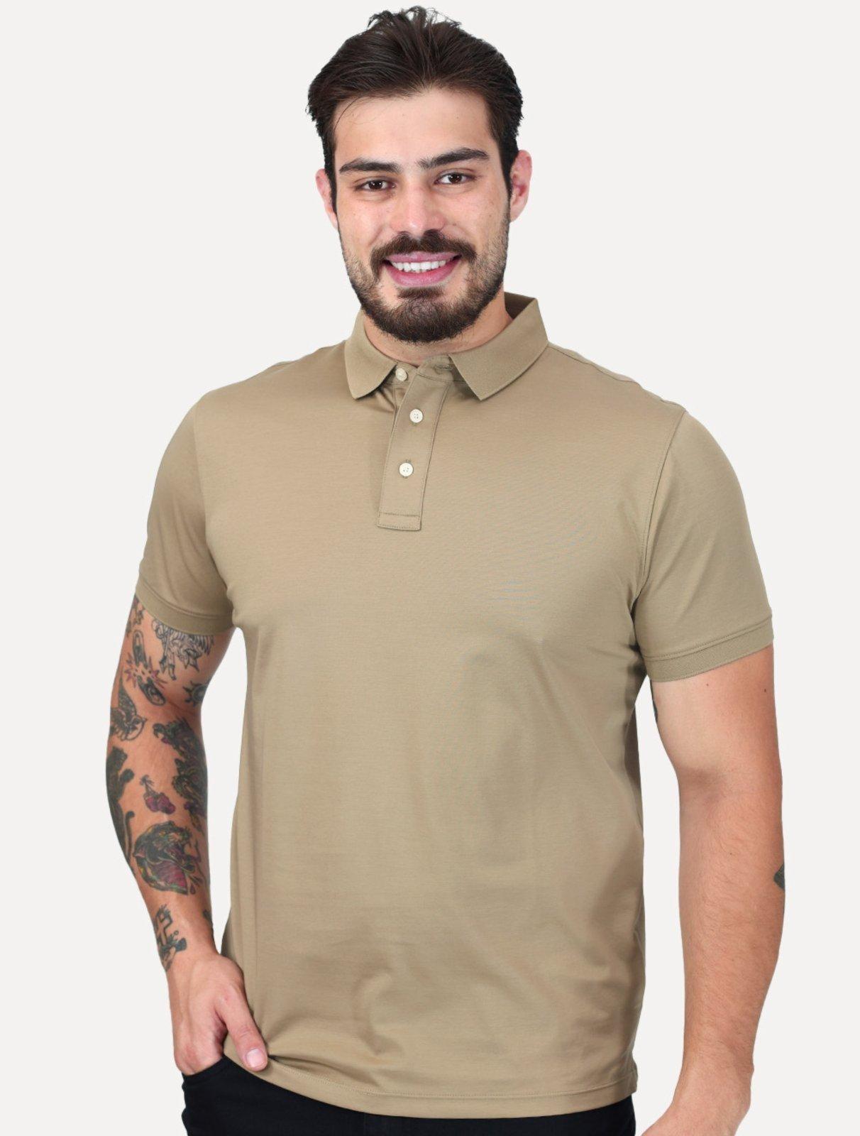 Polo Aramis Masculina Manga Curta Mercerizado Interlock Caqui