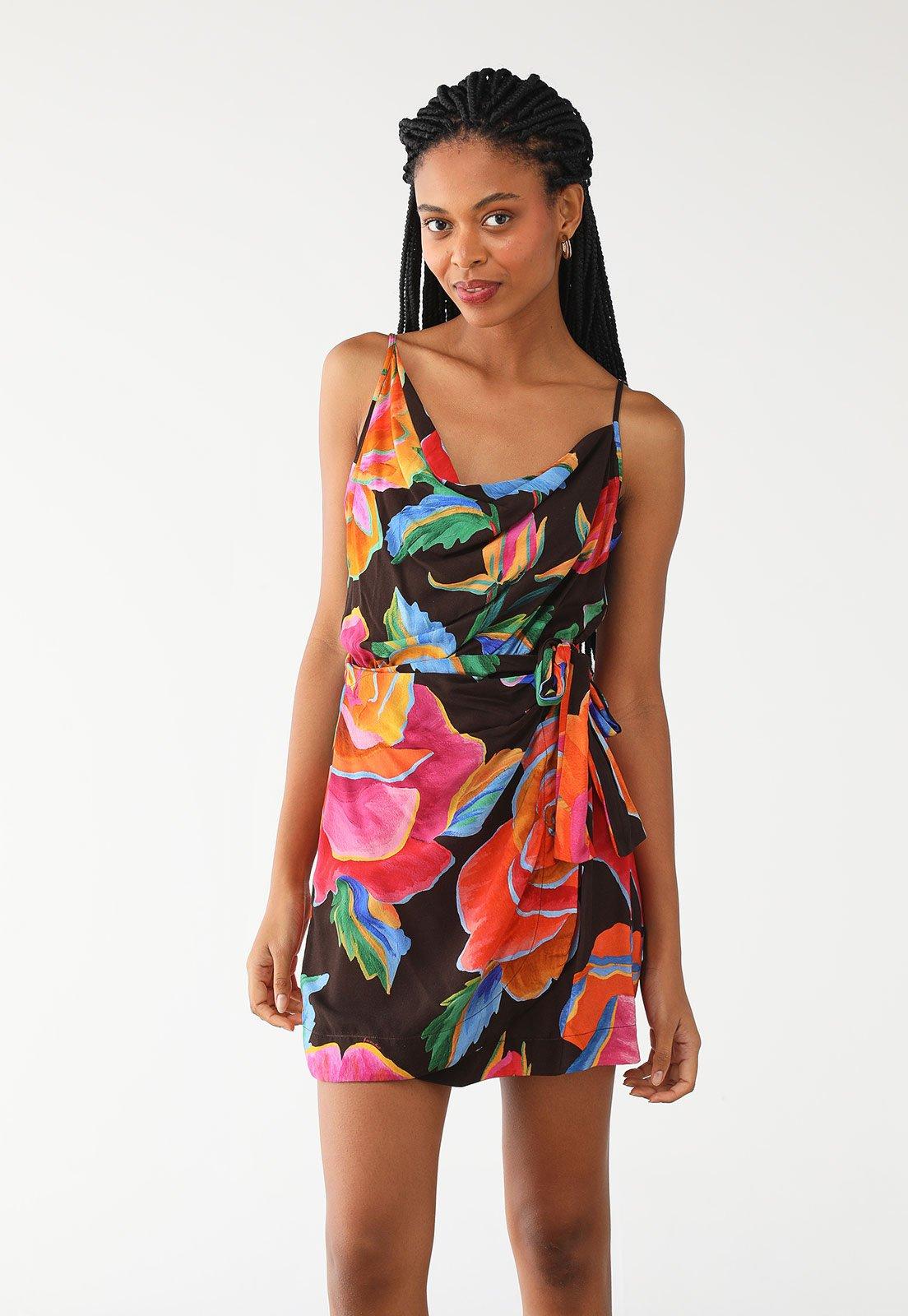 Vestido FARM Curto Rosas Pintadas Marrom