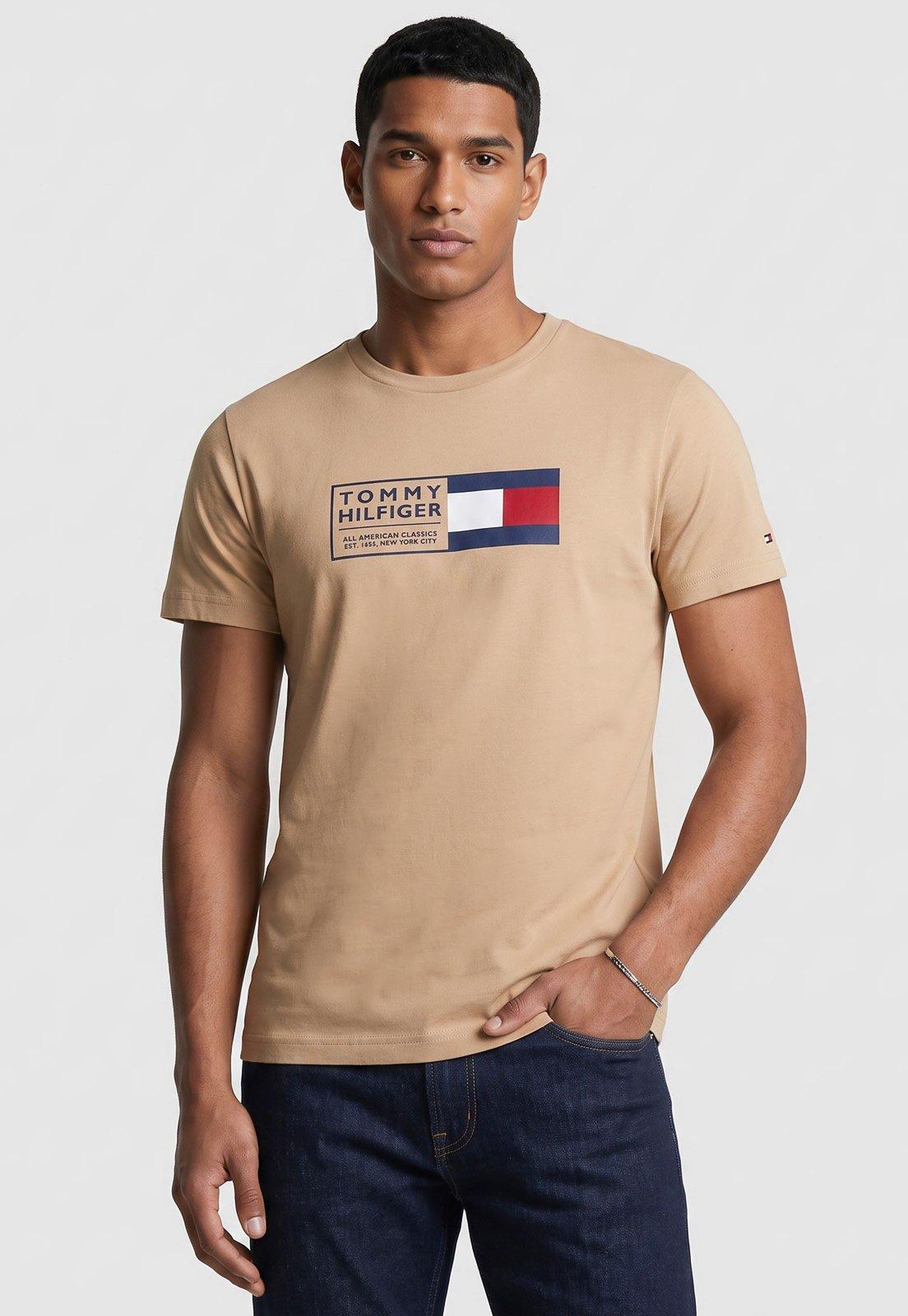 Camiseta Masculina Tommy Hilfiger Logo Bege