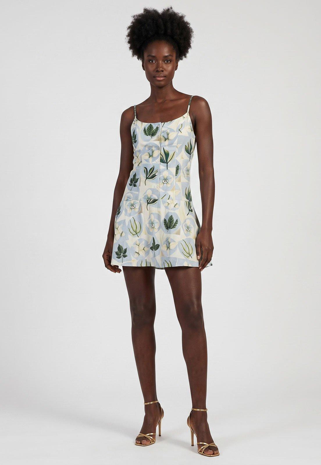 Vestido FARM Curto Alças Finas Estampado Branco