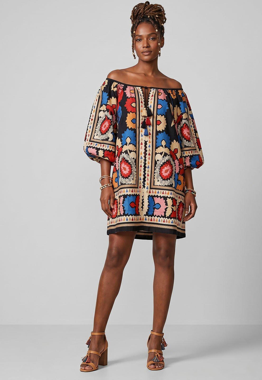 Vestido Feminino FARM Ombro a Ombro Colorido Preto