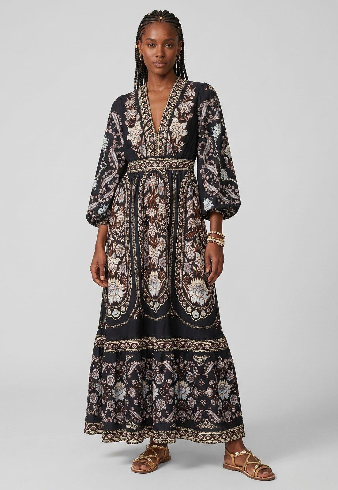 Vestido Feminino FARM Longo Floral Preto