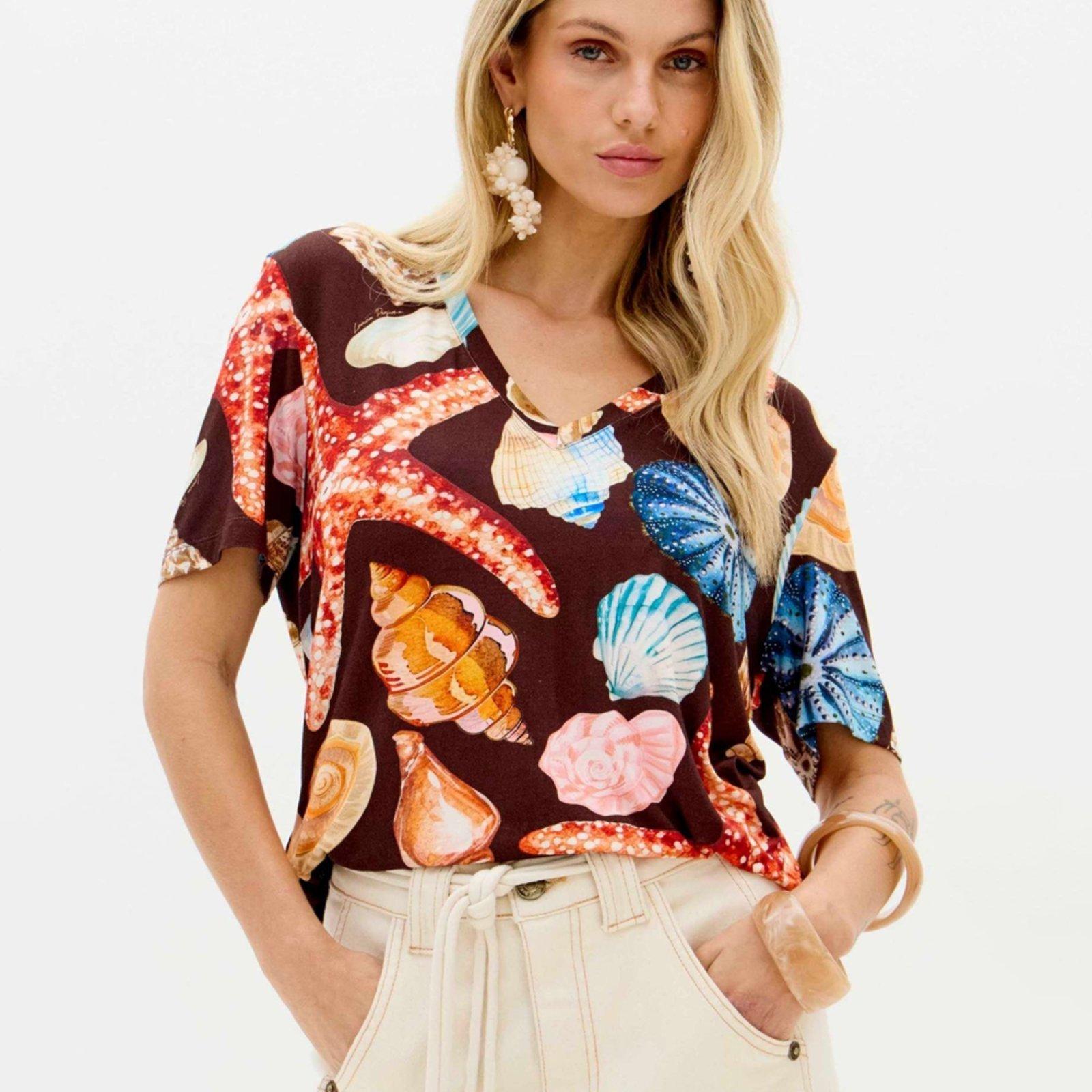 Blusa Lança Perfume Decote V Estampada Ve26 Marrom Feminino
