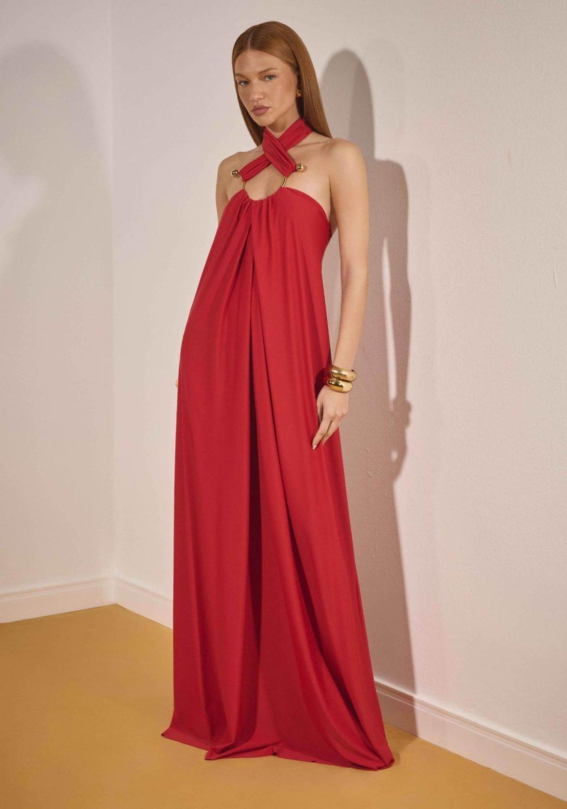 Vestido Longo Frente Única Com Metais Lança Perfume