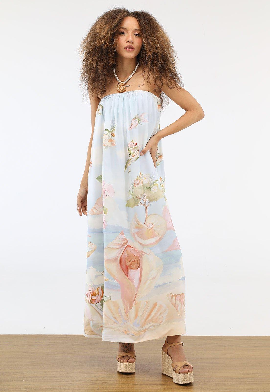 Vestido Longo Feminino Farm Tomara que Caia Estampa Artística Azul
