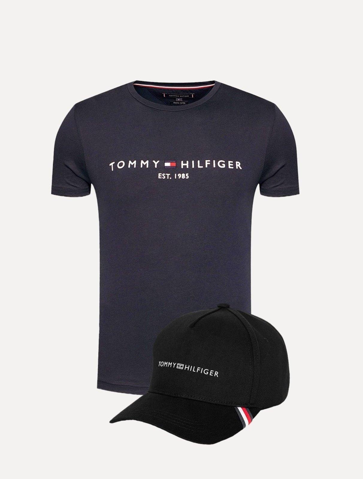 Kit Tommy Hilfiger Camiseta Masculina Core Logo Tee Marinho e Boné Uptown Cap Preto