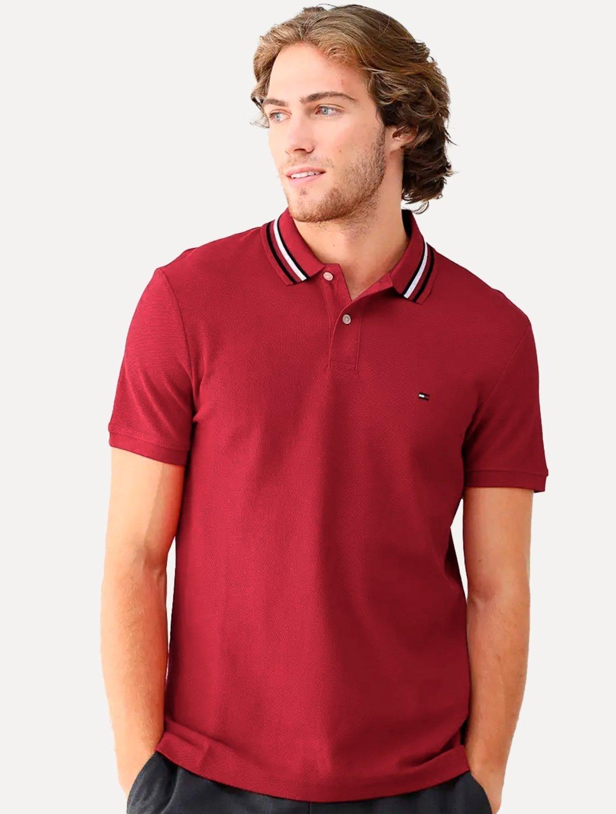 Polo Tommy Hilfiger Masculina Regular Fit Collar Vermelho