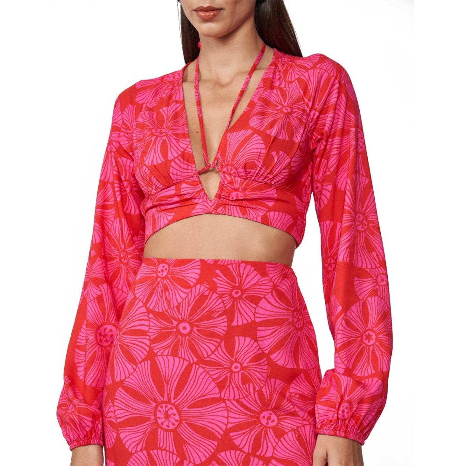 Blusa Colcci Estampada Pr25 Vermelho e Rosa Feminino