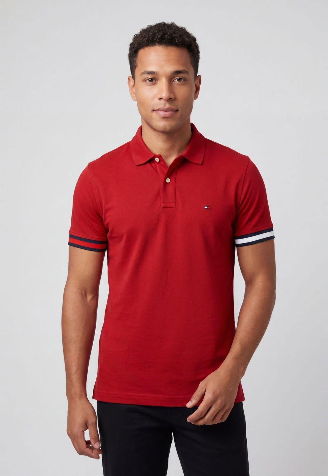Polo Masculina Tommy Hilfiger Detalhe Listrado Vermelha