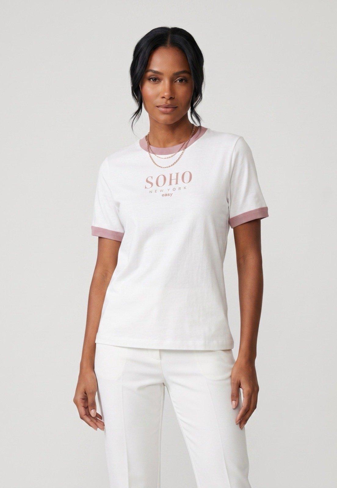 Camiseta Feminina Lança Perfume Detalhe Contraste Branca
