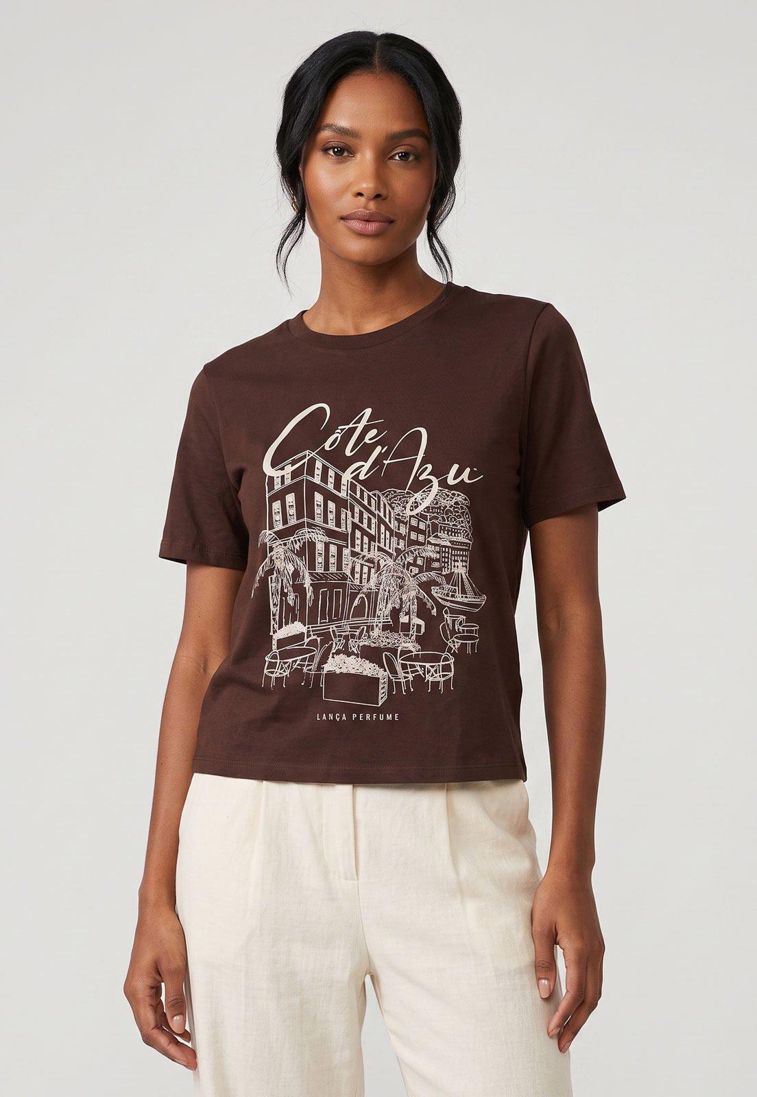 Camiseta Feminina Lança Perfume Estampa Frontal Marrom