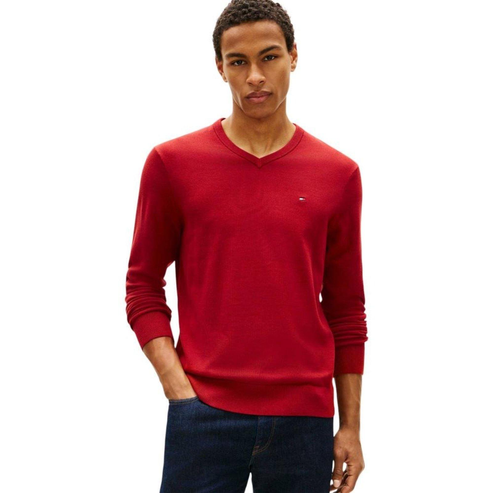 Suéter Tricot Tommy Hilfiger Signature Gola V Vermelho
