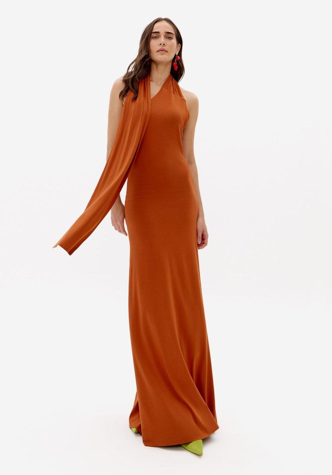 Vestido Longo De Malha Echarpe Lança Perfume