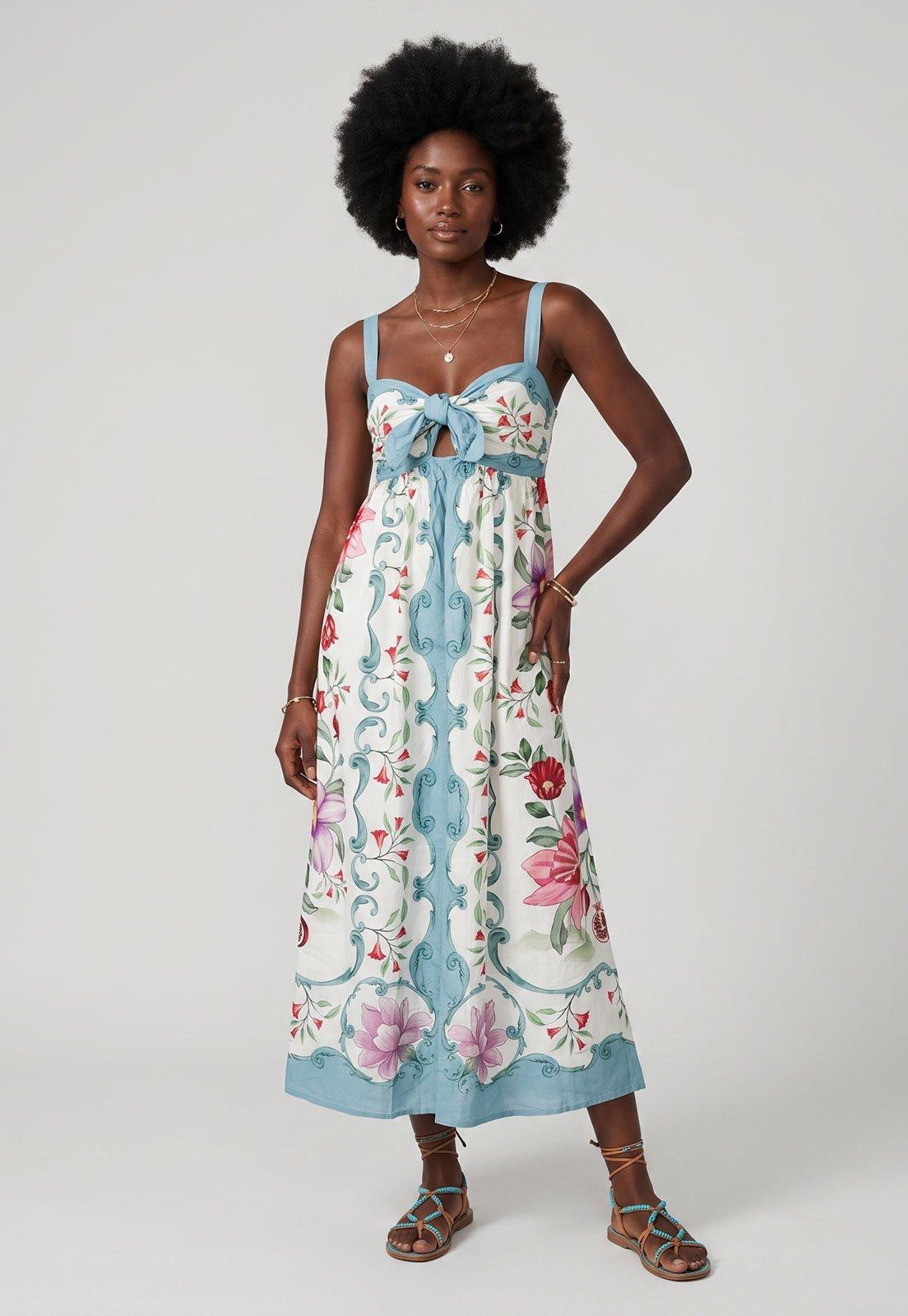 Vestido Feminino FARM Midi Estampa Floral Azul