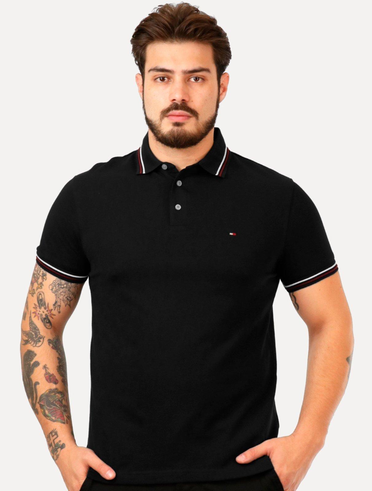 Polo Tommy Hilfiger Masculina Slim Tipped Collar Preta