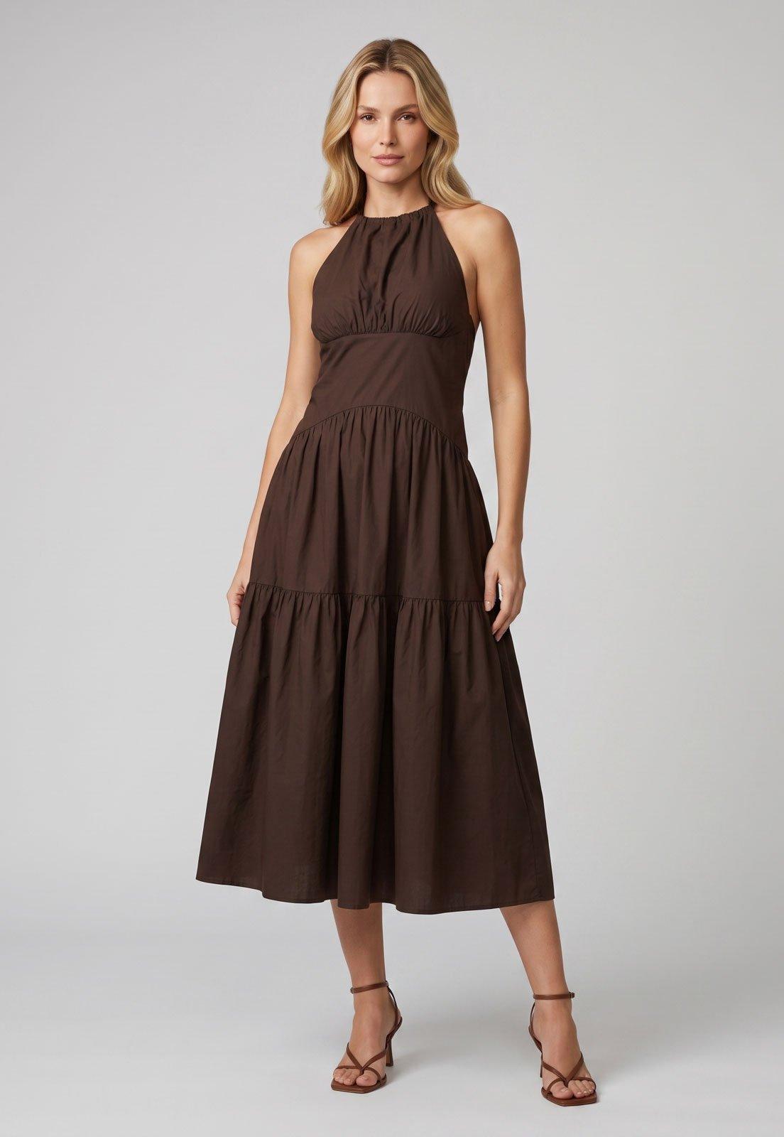 Vestido Feminino FARM Midi Alças Marrom