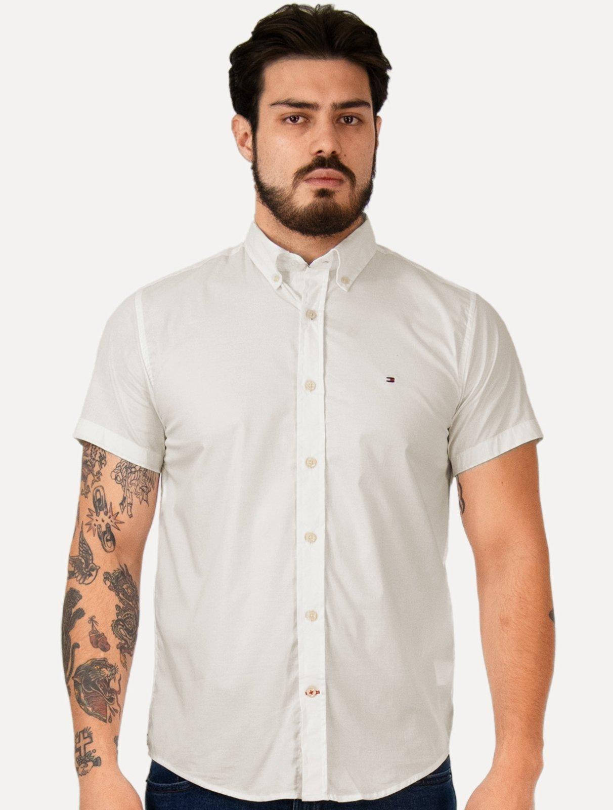 Camisa Tommy Hilfiger Masculina Manga Curta Regular Classic Poplin Branca