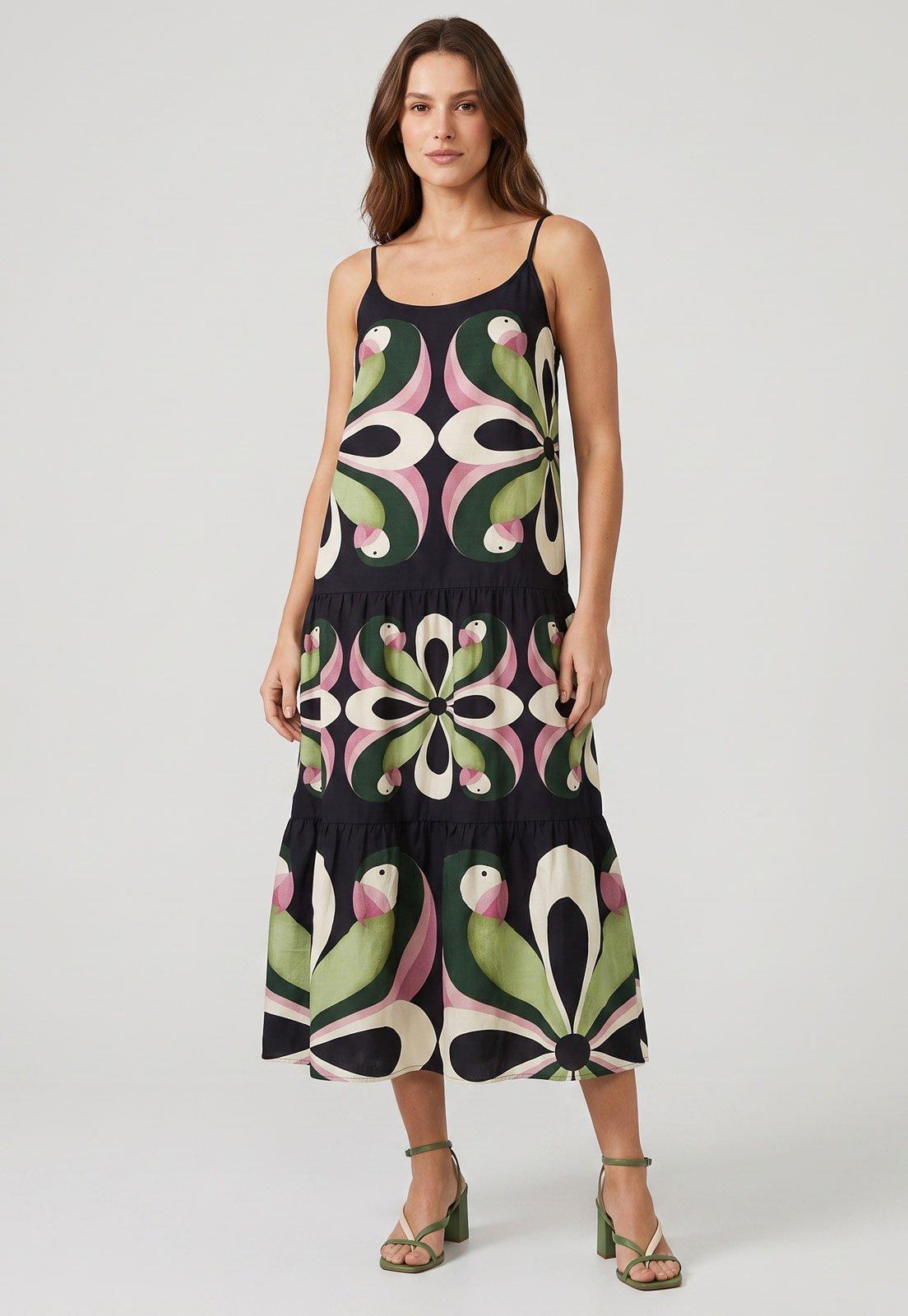 Vestido Feminino FARM Alças Finas Estampado Preto