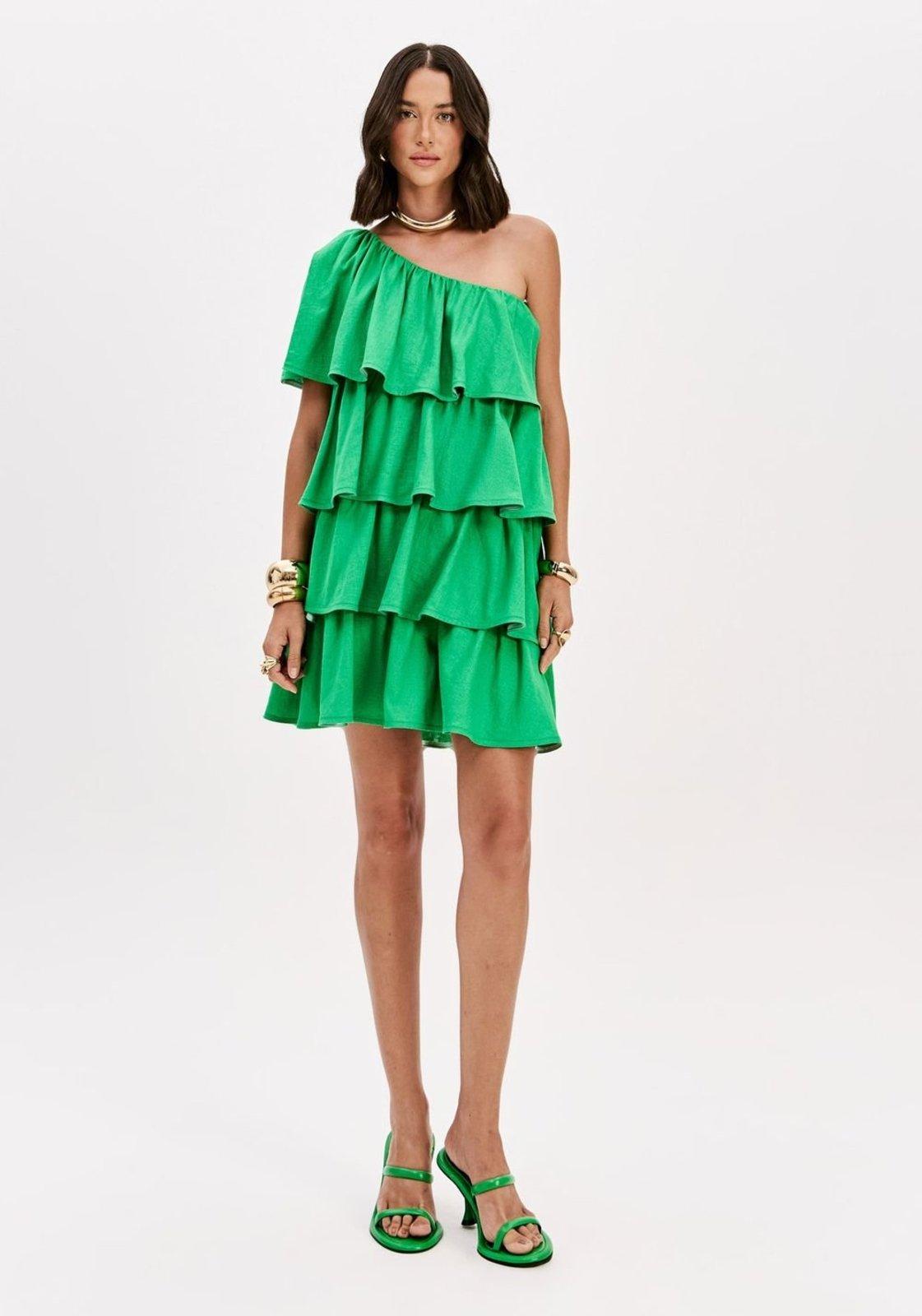 Vestido Curto Ombro Único Com Linho Lança Perfume