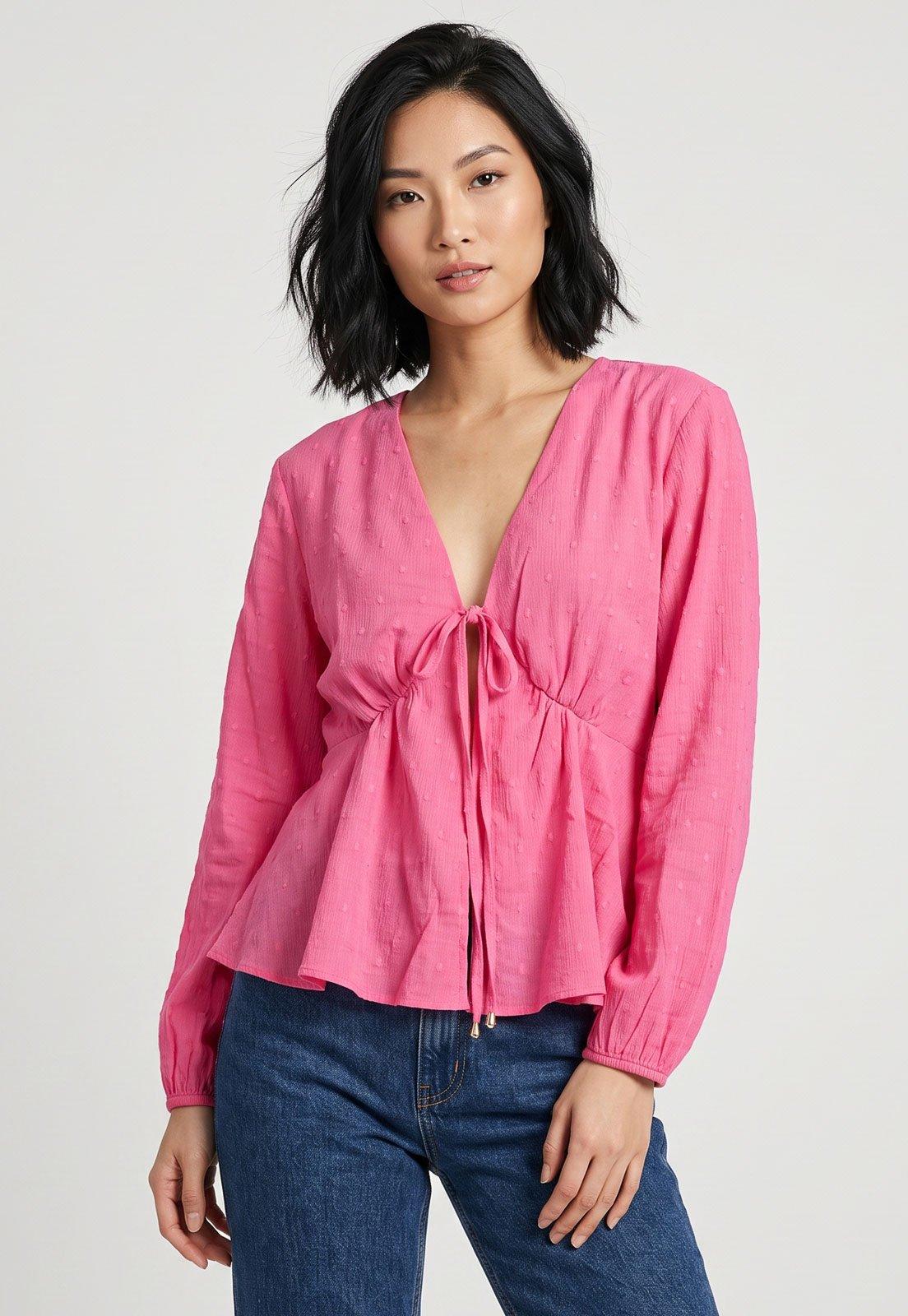 Blusa Feminina Lança Perfume Decote V Manga Longa Rosa
